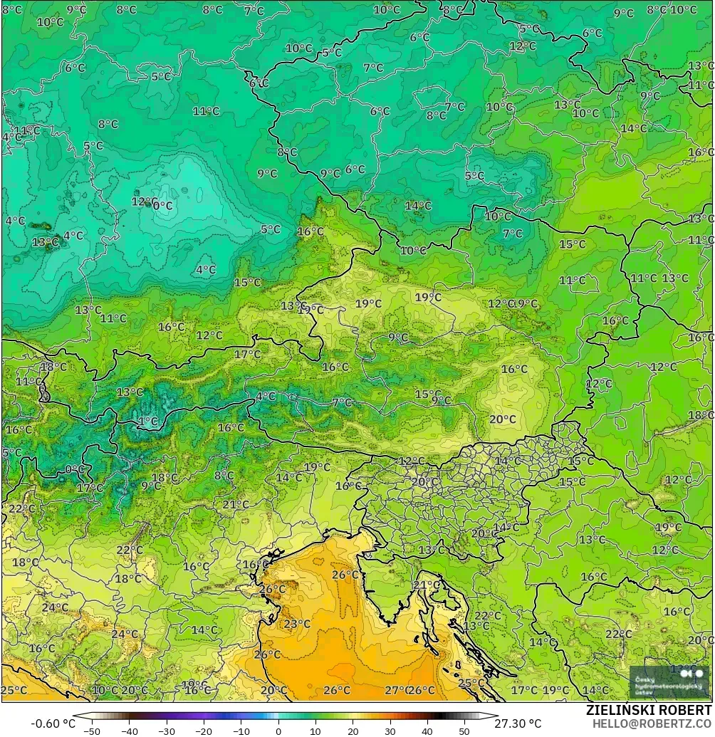 ALADIN CZ 2.3 km modelo - Austria, Punto de rocío a 2 m