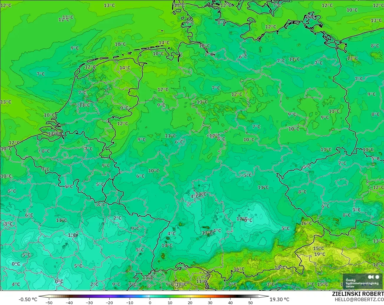 ALADIN CZ 2.3 km modelo - Alemania, Punto de rocío a 2 m