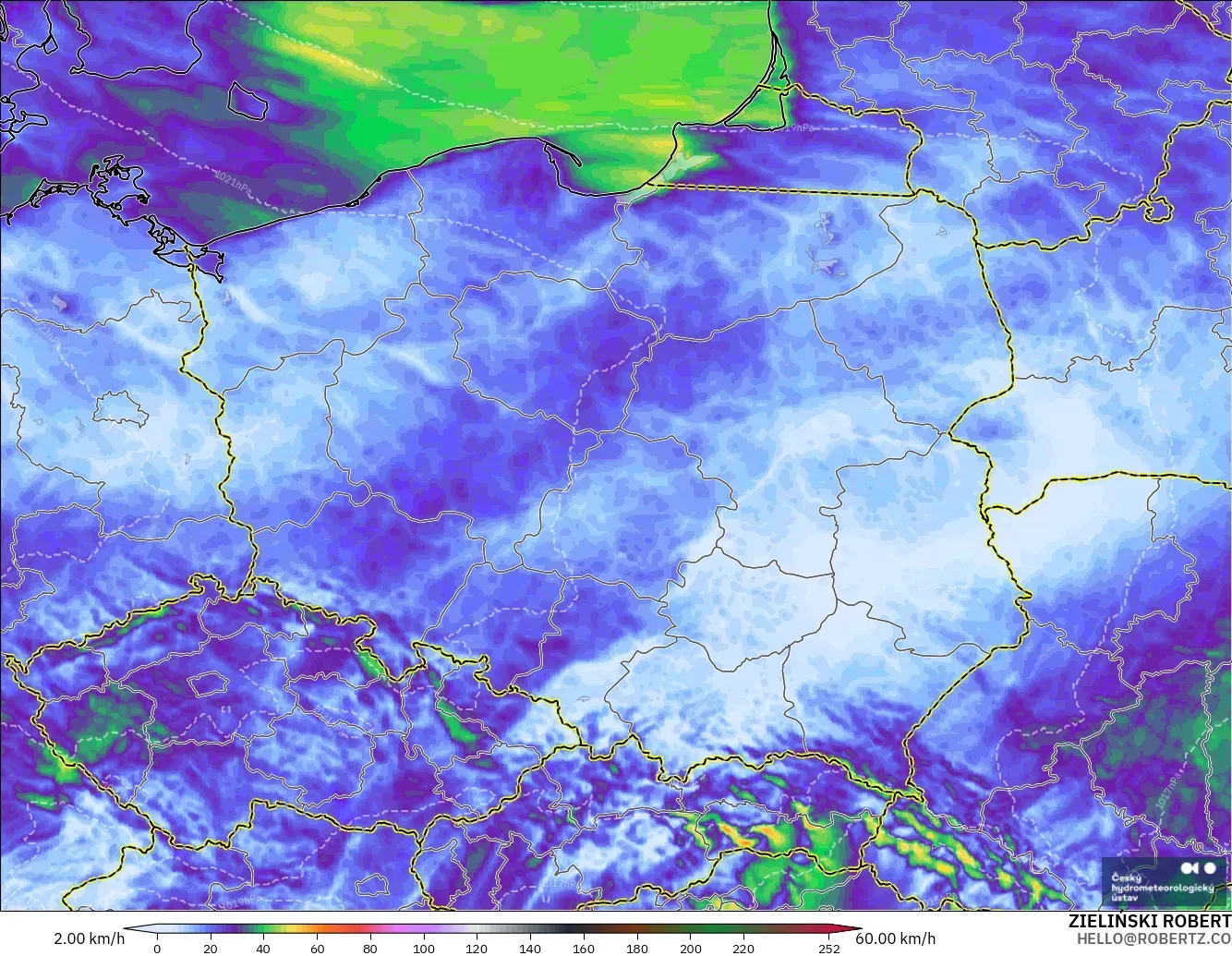 ALADIN CZ 2.3 km modelo - Polonia, Ráfagas de Viento Máximas