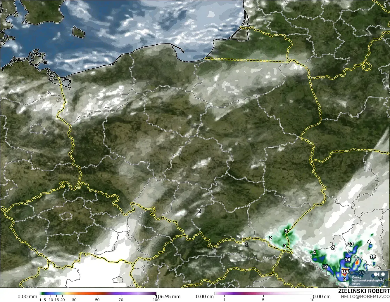 ALADIN CZ 2.3 km modelo - Polonia, Precipitación, nubes y presión
