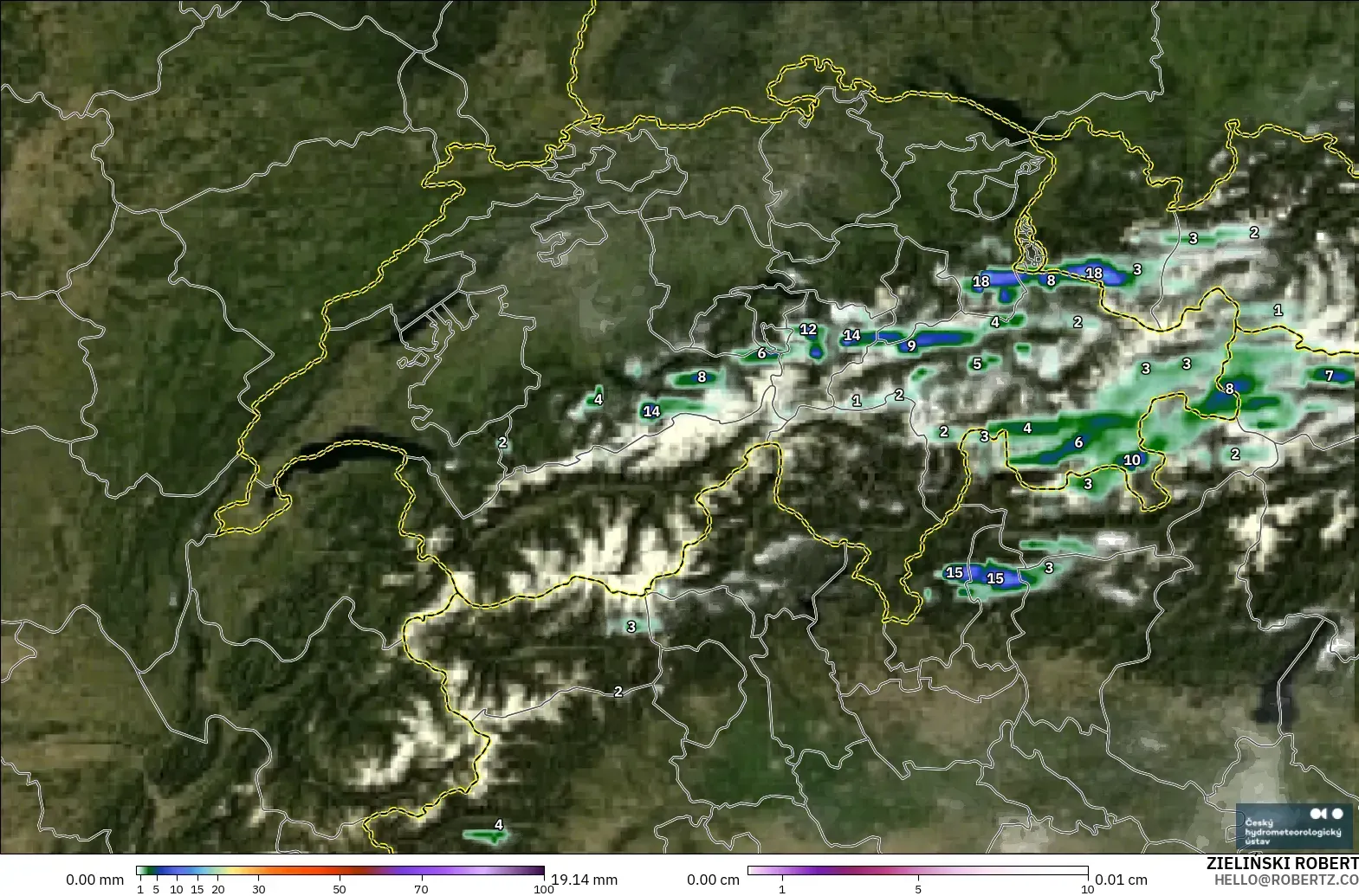 ALADIN CZ 2.3 km modelo - Suiza, Precipitación, nubes y presión