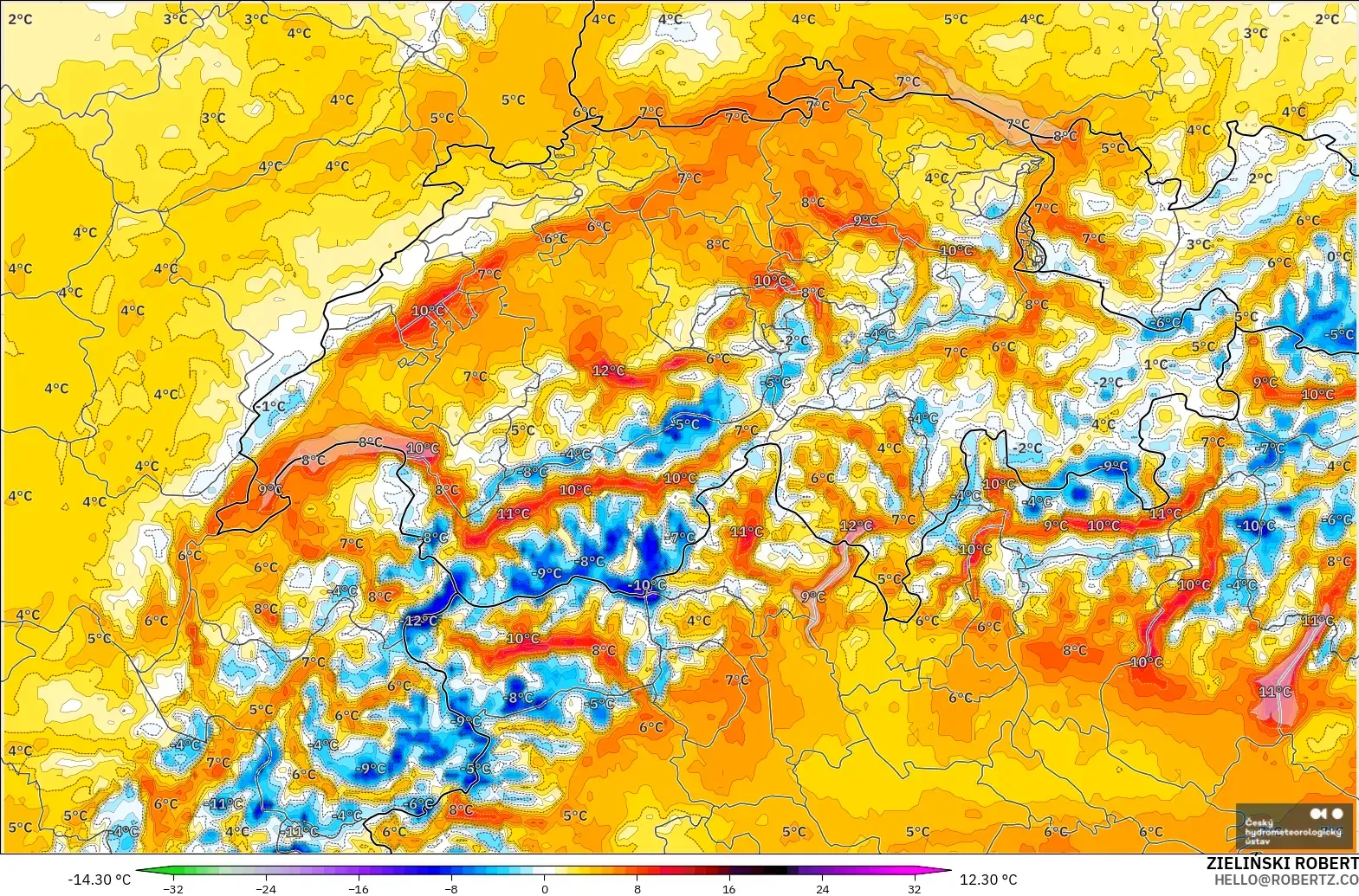 ALADIN CZ 2.3 km modelo - Suiza, Anomalía de temperatura a 2 m