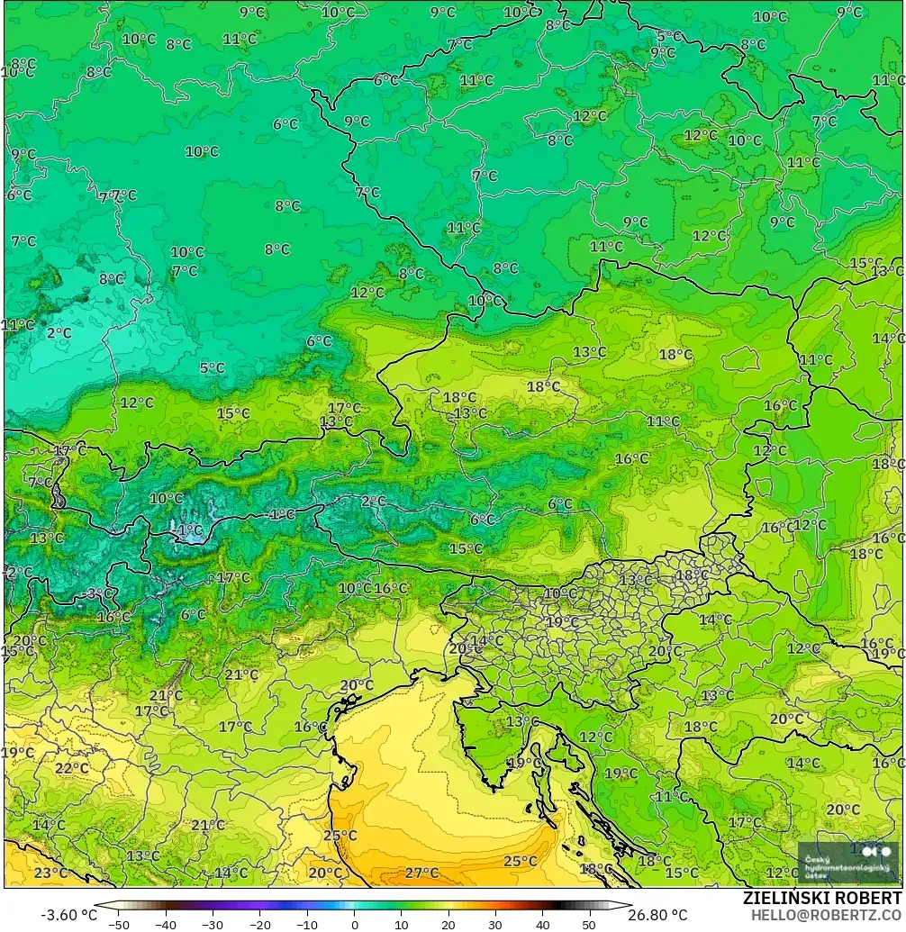 ALADIN CZ 2.3 km modelo - Austria, Punto de rocío a 2 m