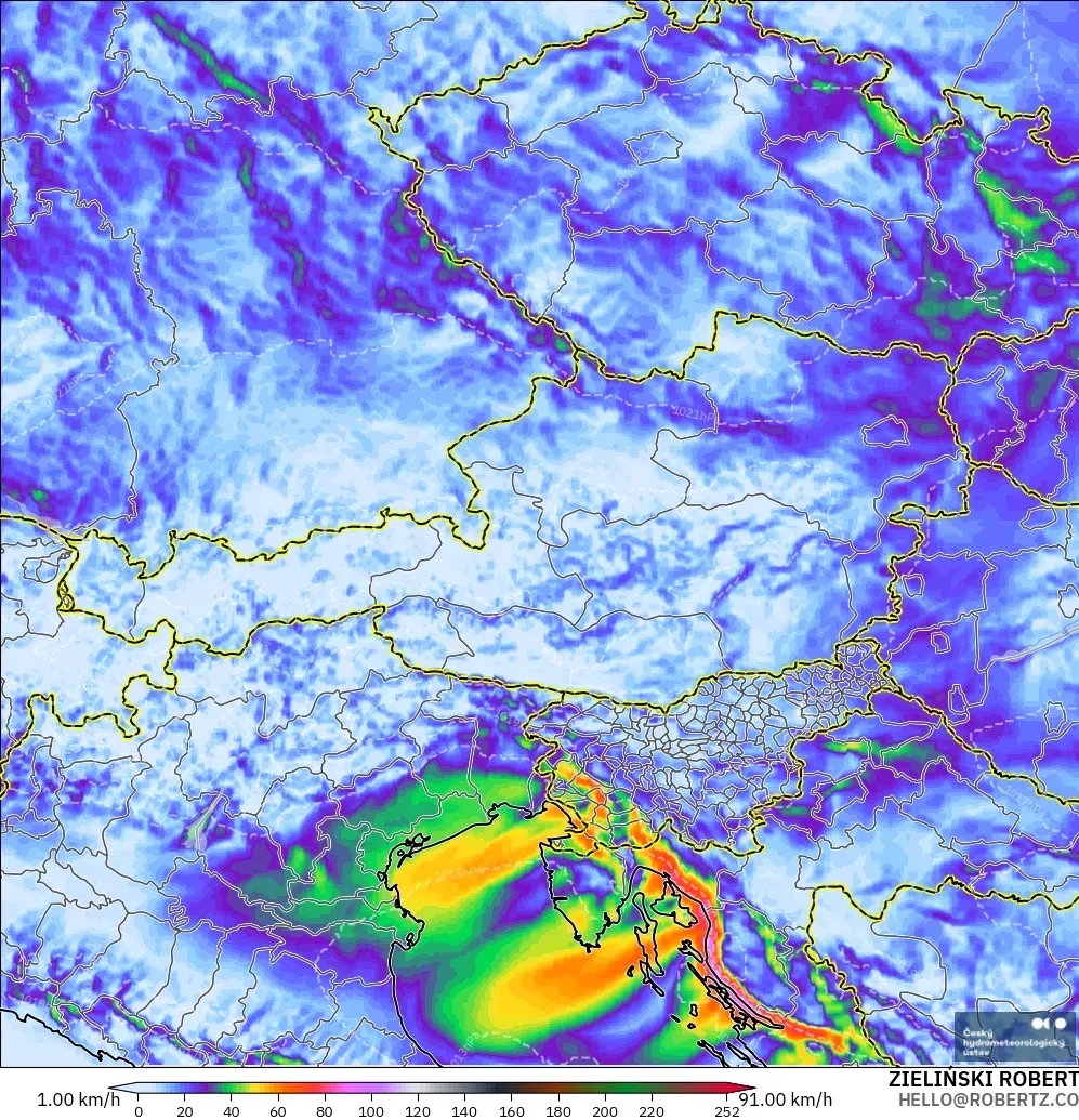 ALADIN CZ 2.3 km modelo - Austria, Ráfagas de Viento Máximas