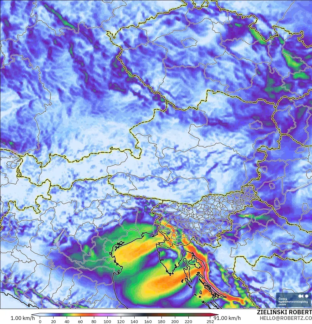ALADIN CZ 2.3 km modelo - Austria, Ráfagas de viento