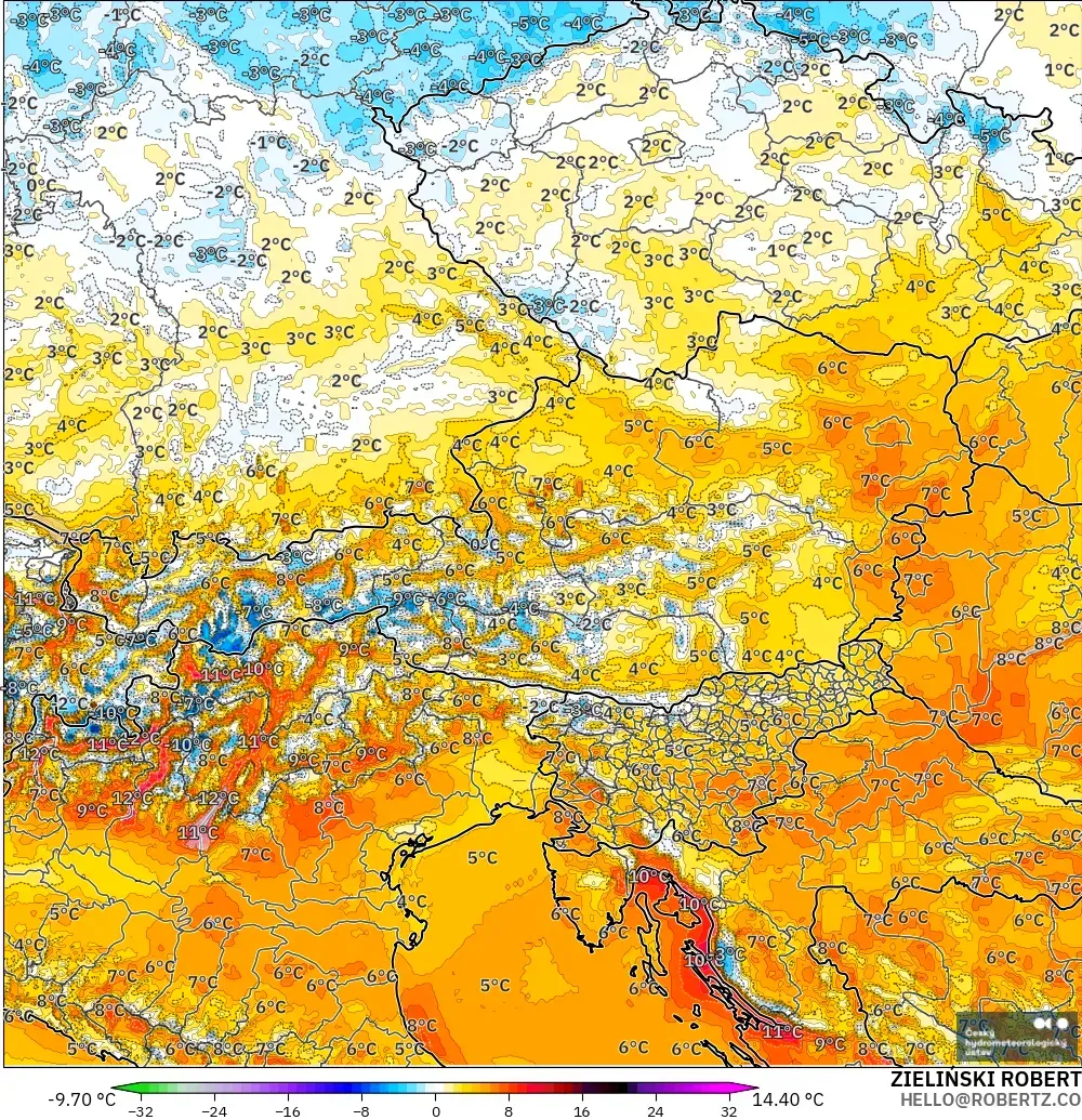 ALADIN CZ 2.3 km modelo - Austria, Anomalía de temperatura a 2 m