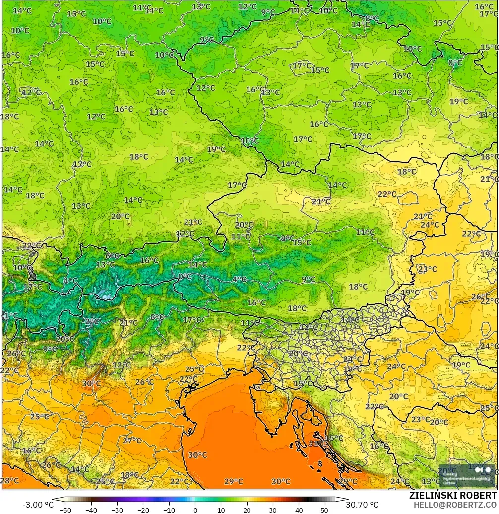 ALADIN CZ 2.3 km modelo - Austria, Temperatura a 2 m