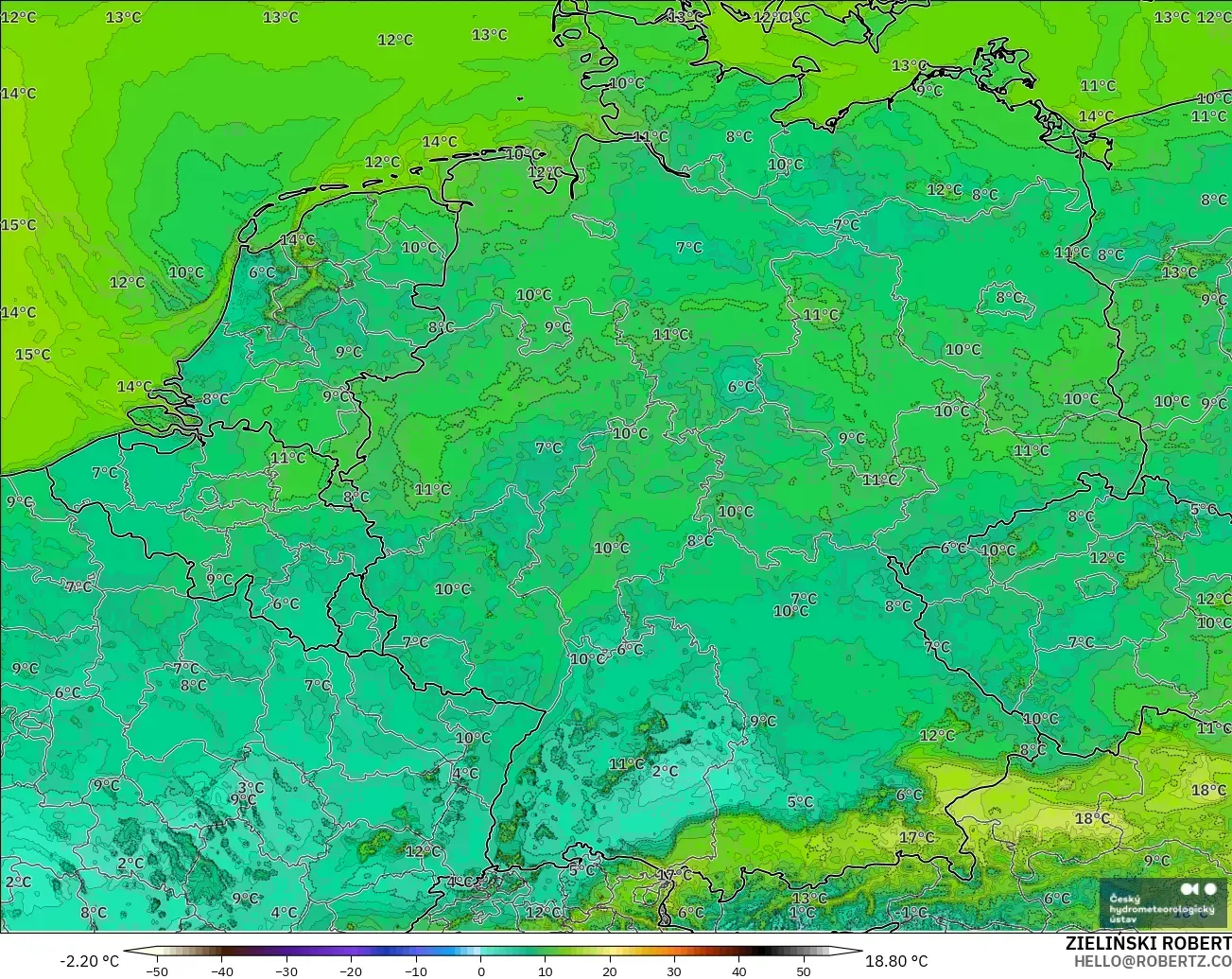 ALADIN CZ 2.3 km modelo - Alemania, Punto de rocío a 2 m