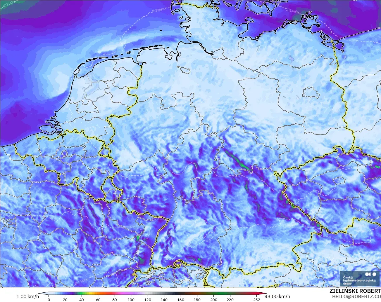 ALADIN CZ 2.3 km modelo - Alemania, Ráfagas de Viento Máximas