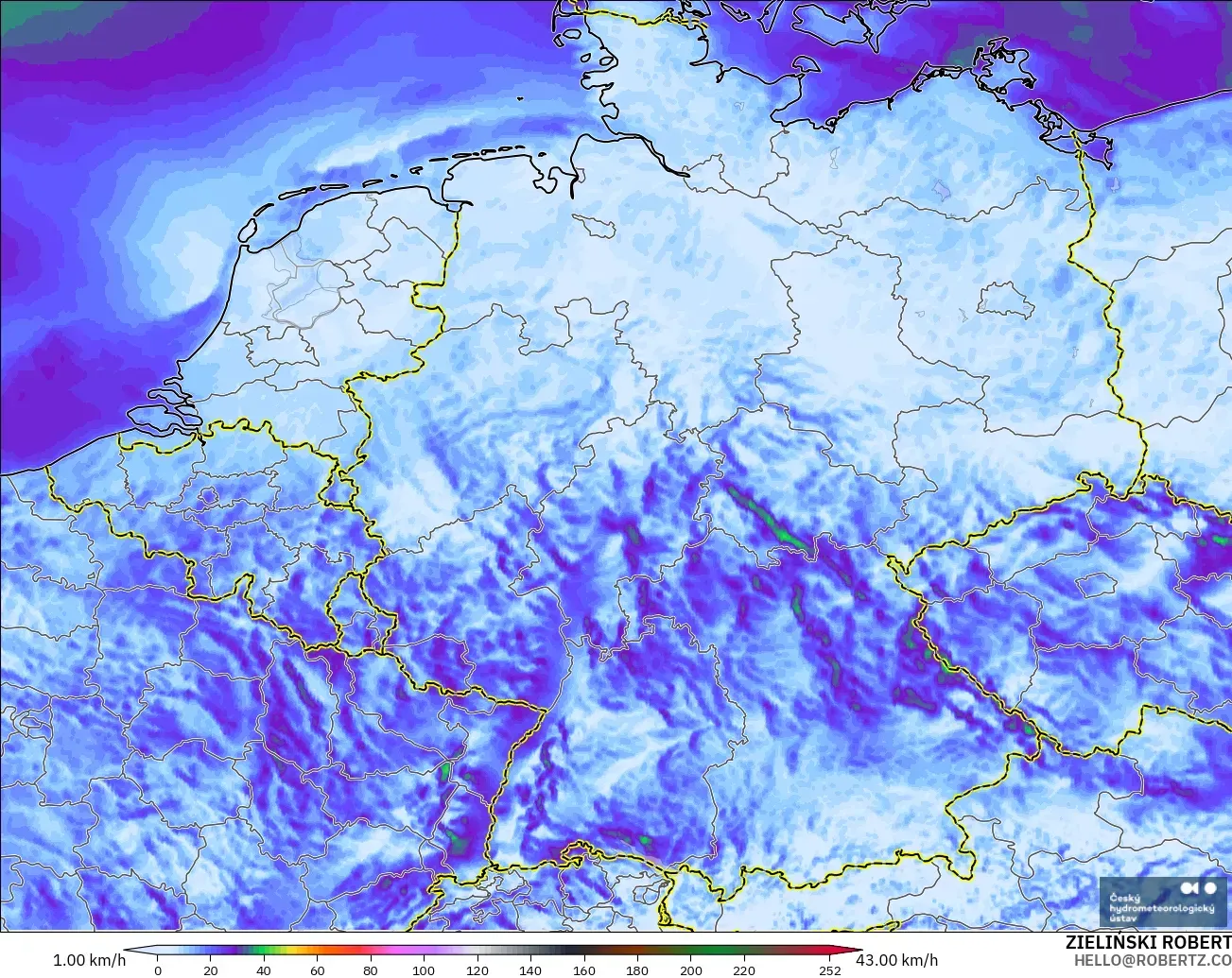 ALADIN CZ 2.3 km modelo - Alemania, Ráfagas de viento