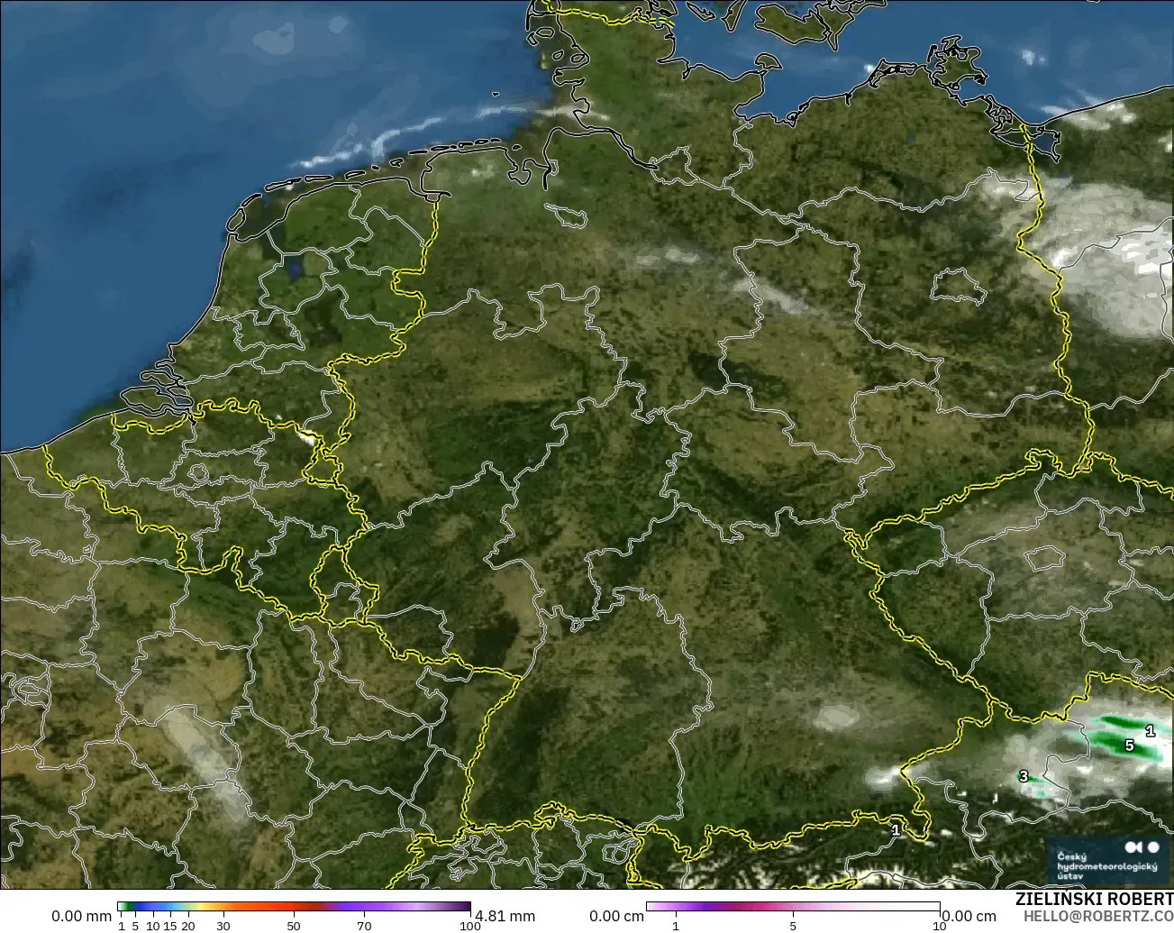 ALADIN CZ 2.3 km modelo - Alemania, Precipitación, nubes y presión