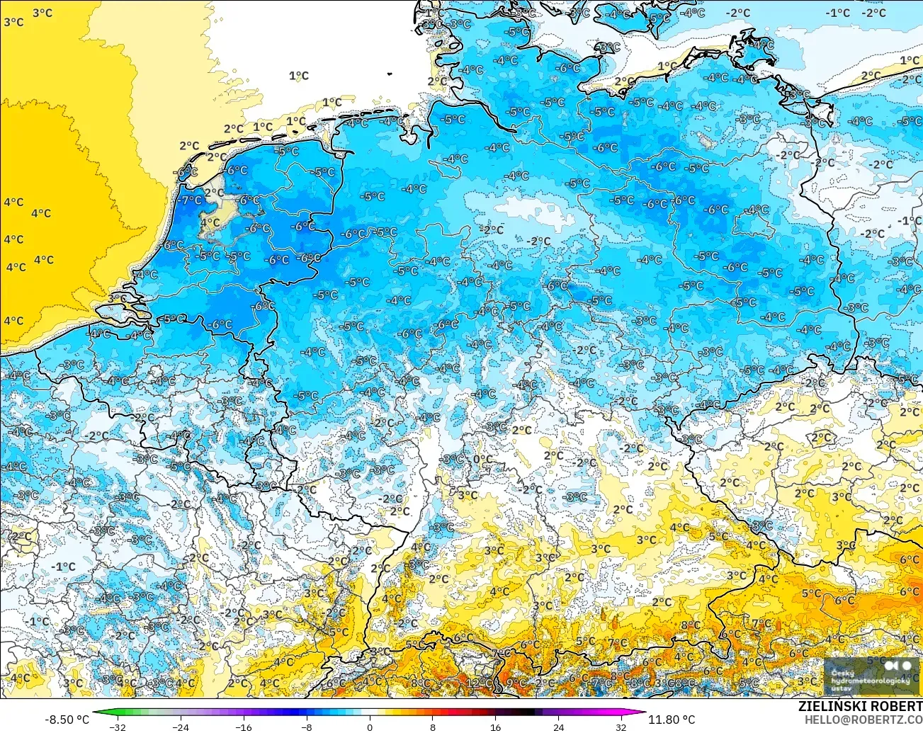 ALADIN CZ 2.3 km modelo - Alemania, Anomalía de temperatura a 2 m