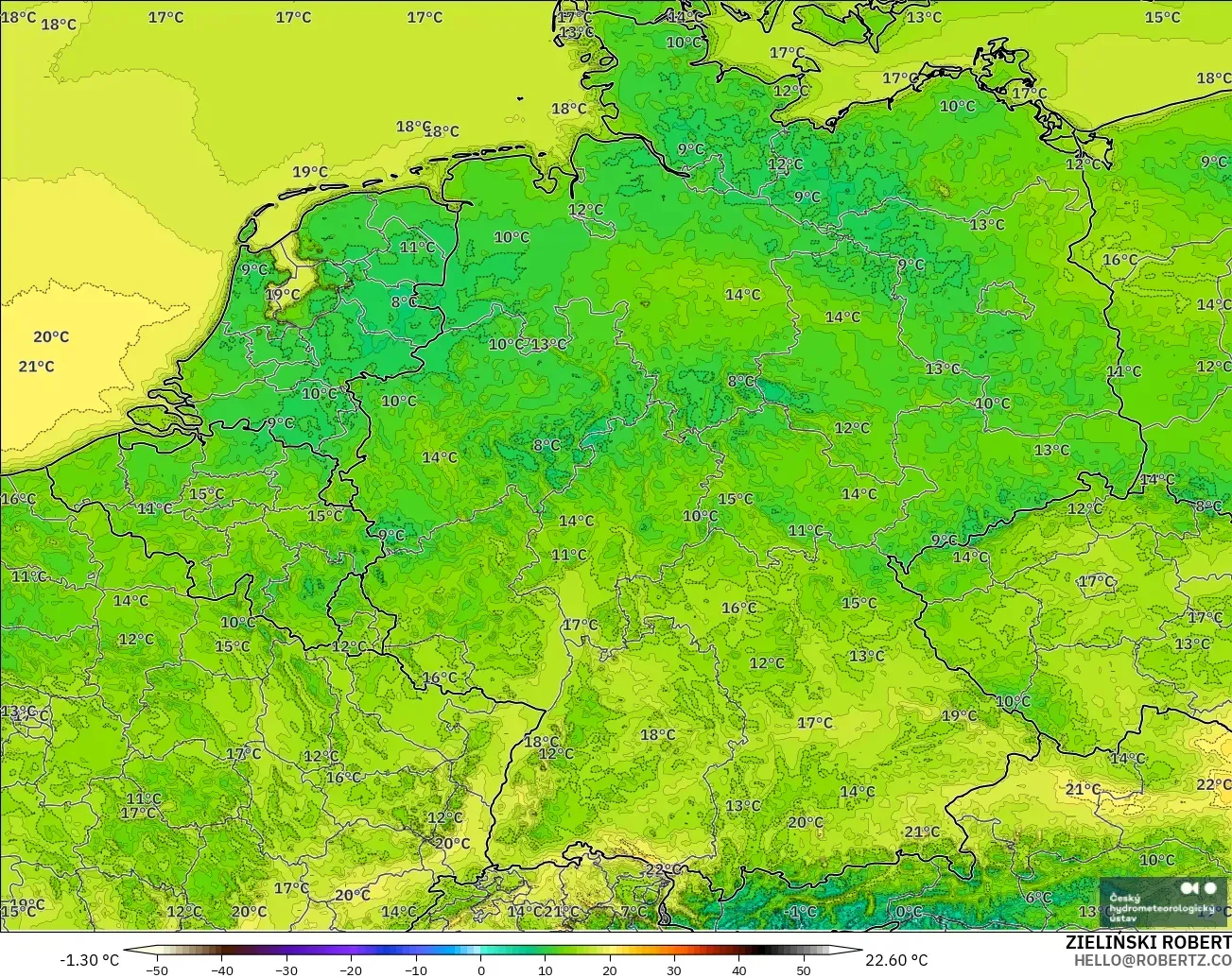 ALADIN CZ 2.3 km modelo - Alemania, Temperatura a 2 m