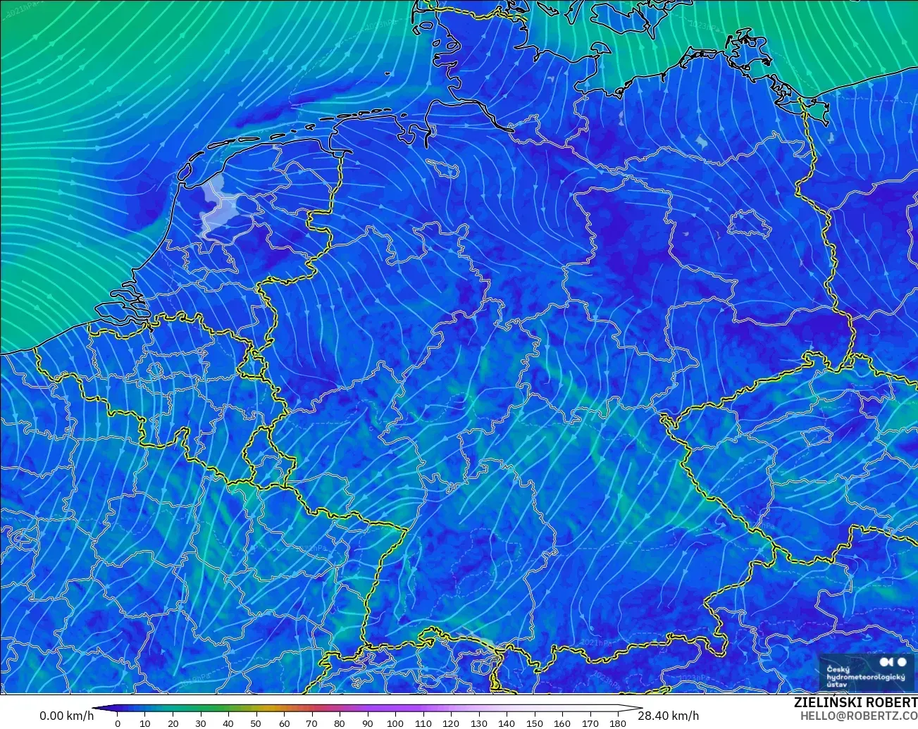 ALADIN CZ 2.3 km modelo - Alemania, Viento a 10 m
