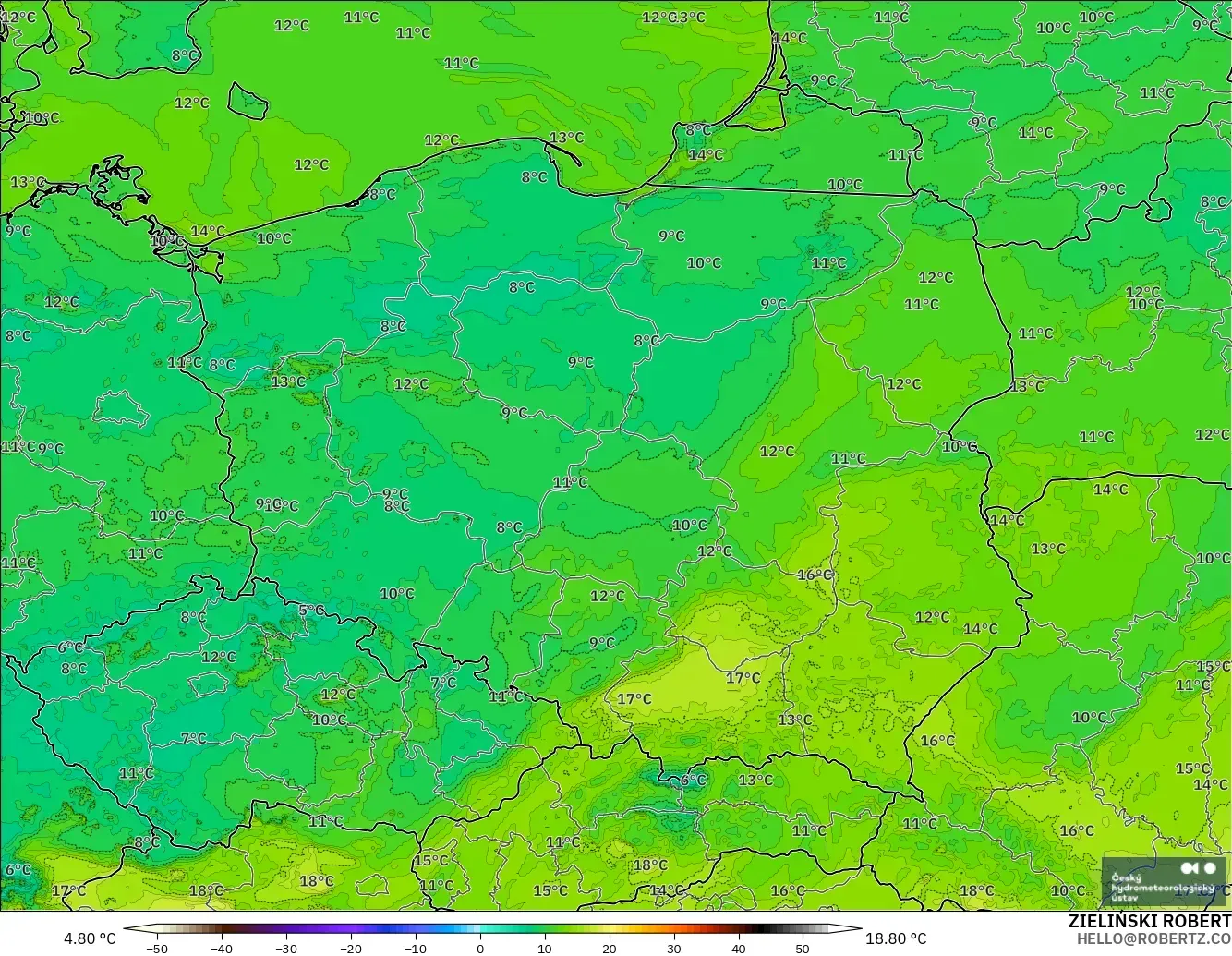 ALADIN CZ 2.3 km modelo - Polonia, Punto de rocío a 2 m