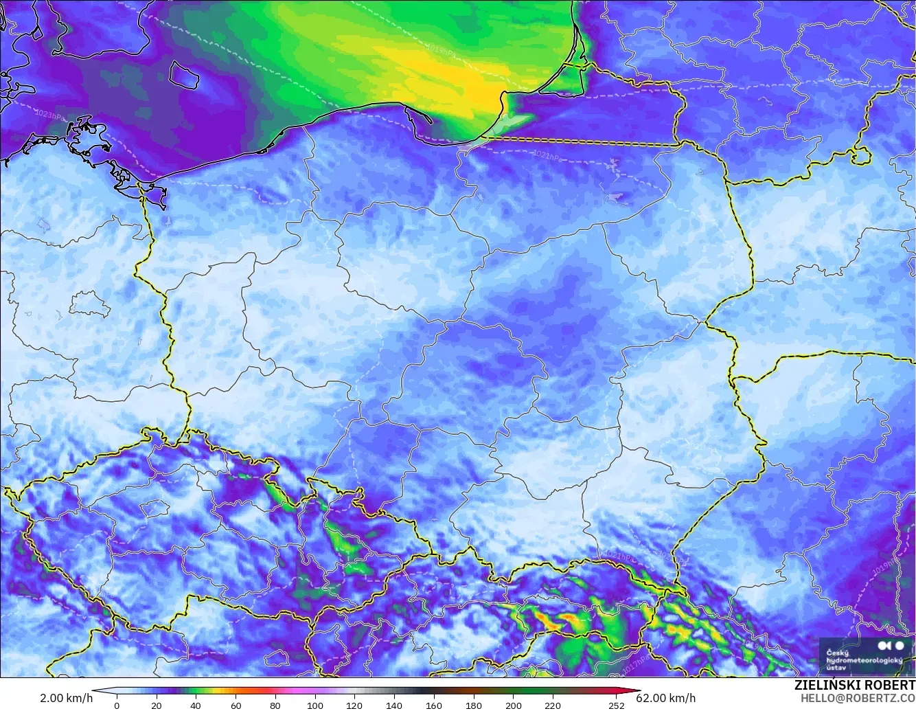 ALADIN CZ 2.3 km modelo - Polonia, Ráfagas de Viento Máximas