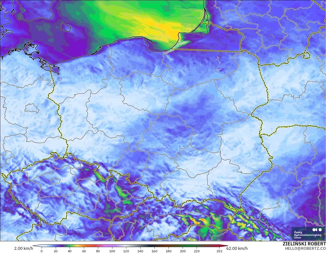 ALADIN CZ 2.3 km modelo - Polonia, Ráfagas de viento