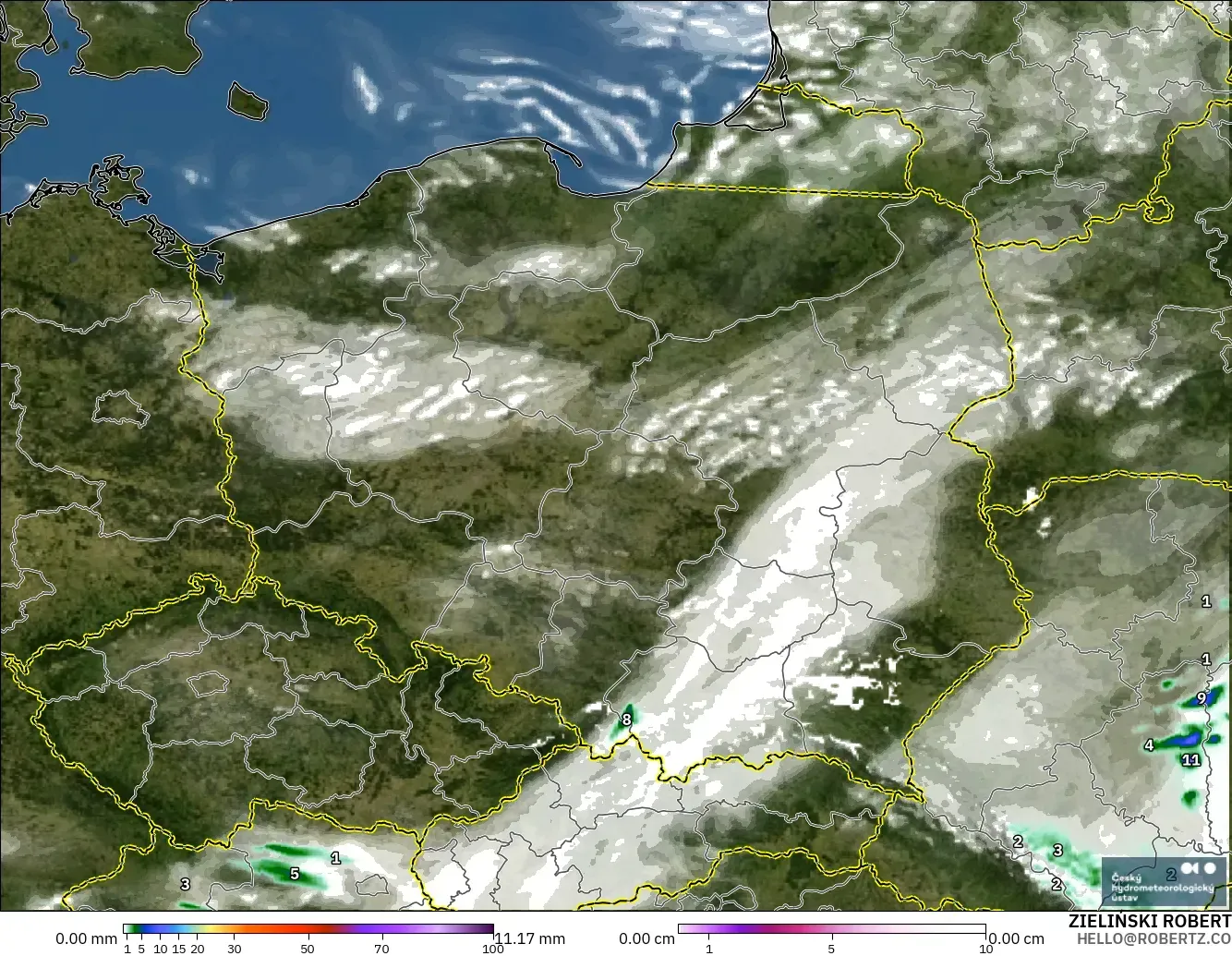 ALADIN CZ 2.3 km modelo - Polonia, Precipitación, nubes y presión