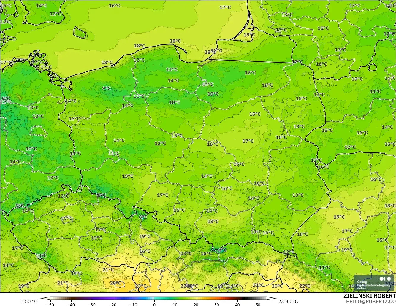 ALADIN CZ 2.3 km modelo - Polonia, Temperatura a 2 m
