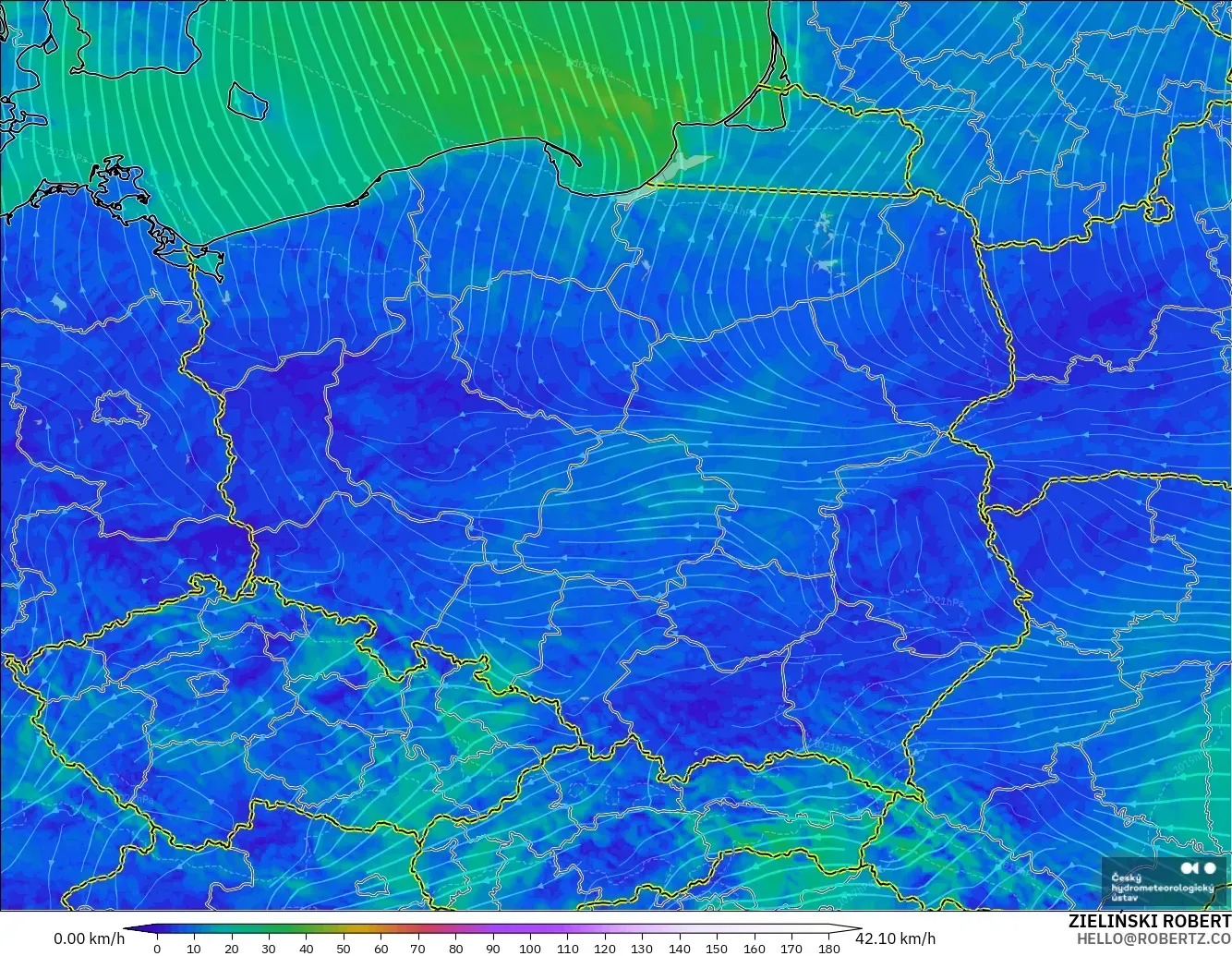 ALADIN CZ 2.3 km modelo - Polonia, Viento a 10 m