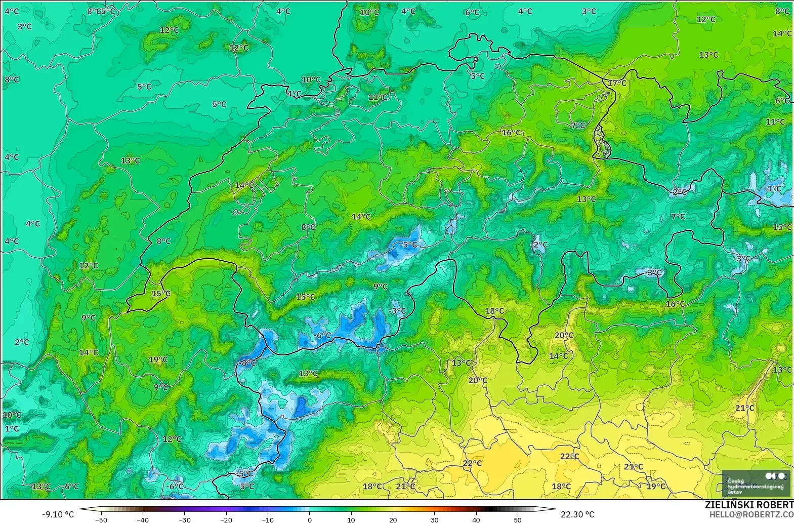 ALADIN CZ 2.3 km modelo - Suiza, Punto de rocío a 2 m