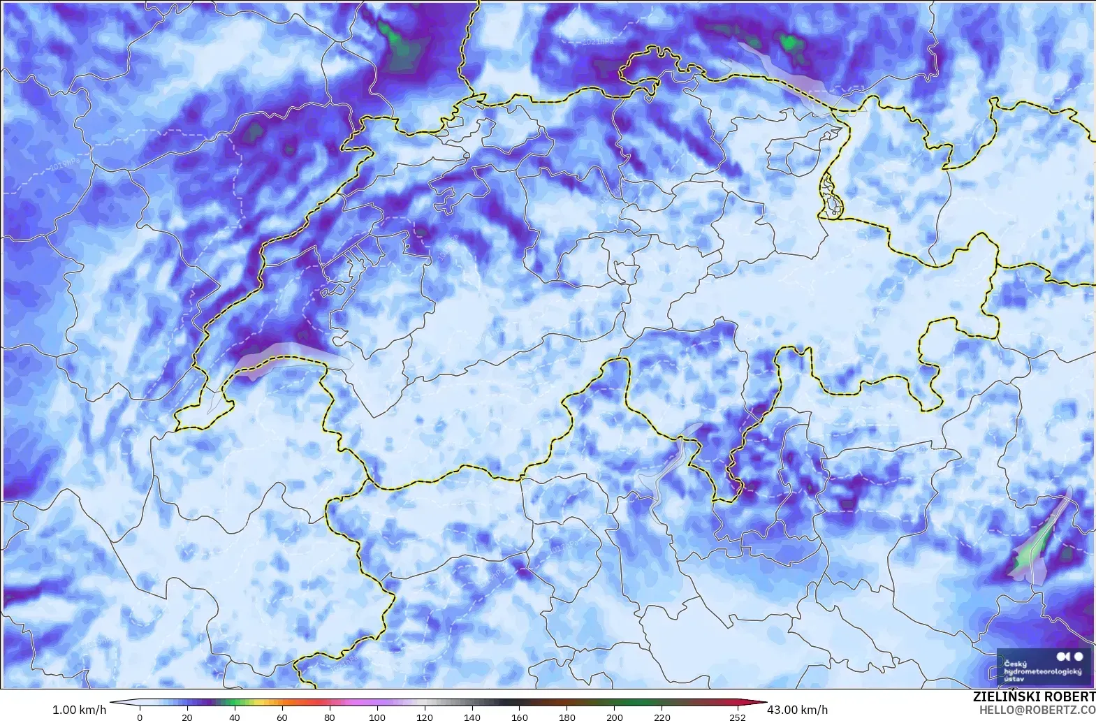 ALADIN CZ 2.3 km modelo - Suiza, Ráfagas de Viento Máximas