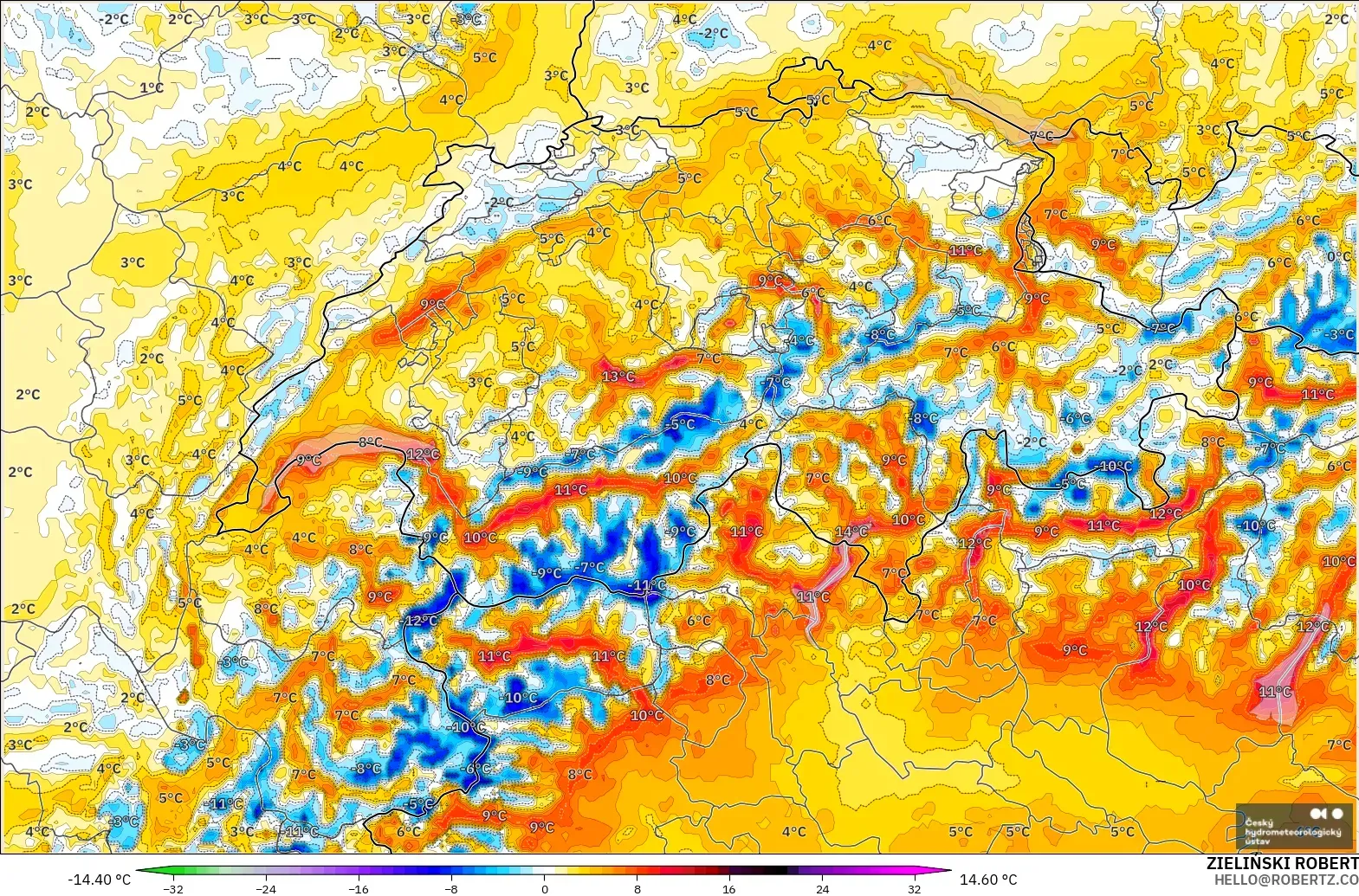 ALADIN CZ 2.3 km modelo - Suiza, Anomalía de temperatura a 2 m