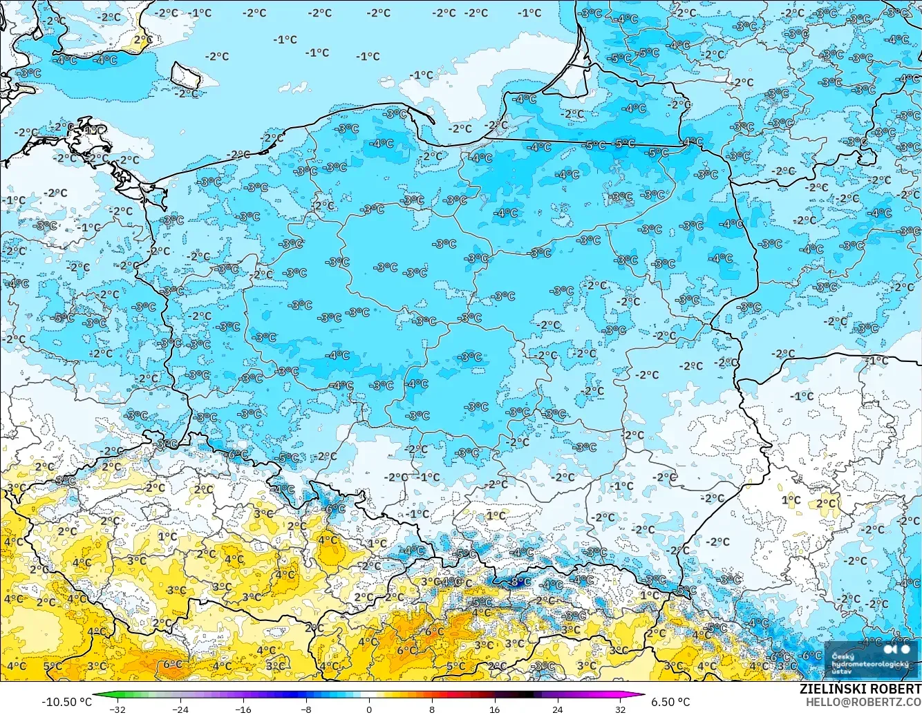 ALADIN CZ 2.3 km modelo - Polonia, Anomalía de temperatura a 2 m