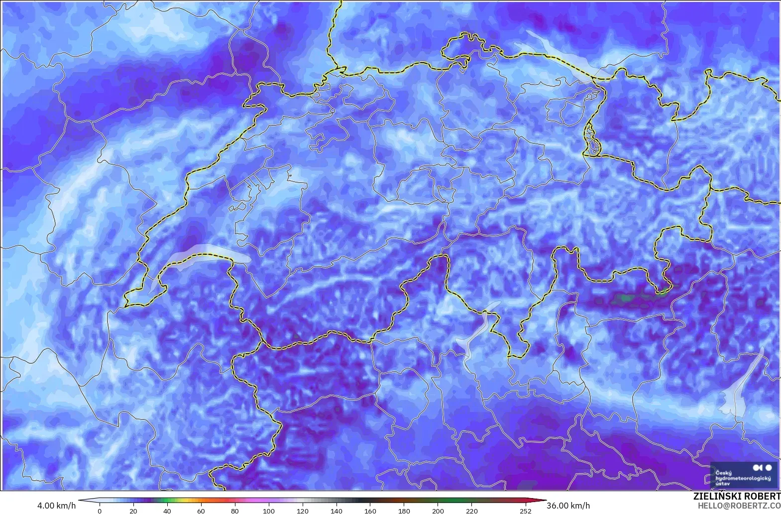 ALADIN CZ 2.3 km modelo - Suiza, Ráfagas de viento