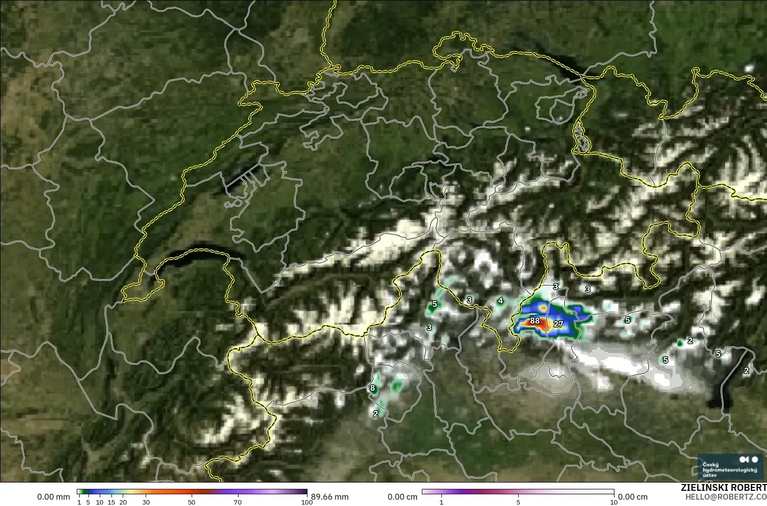 ALADIN CZ 2.3 km modelo - Suiza, Precipitación, nubes y presión