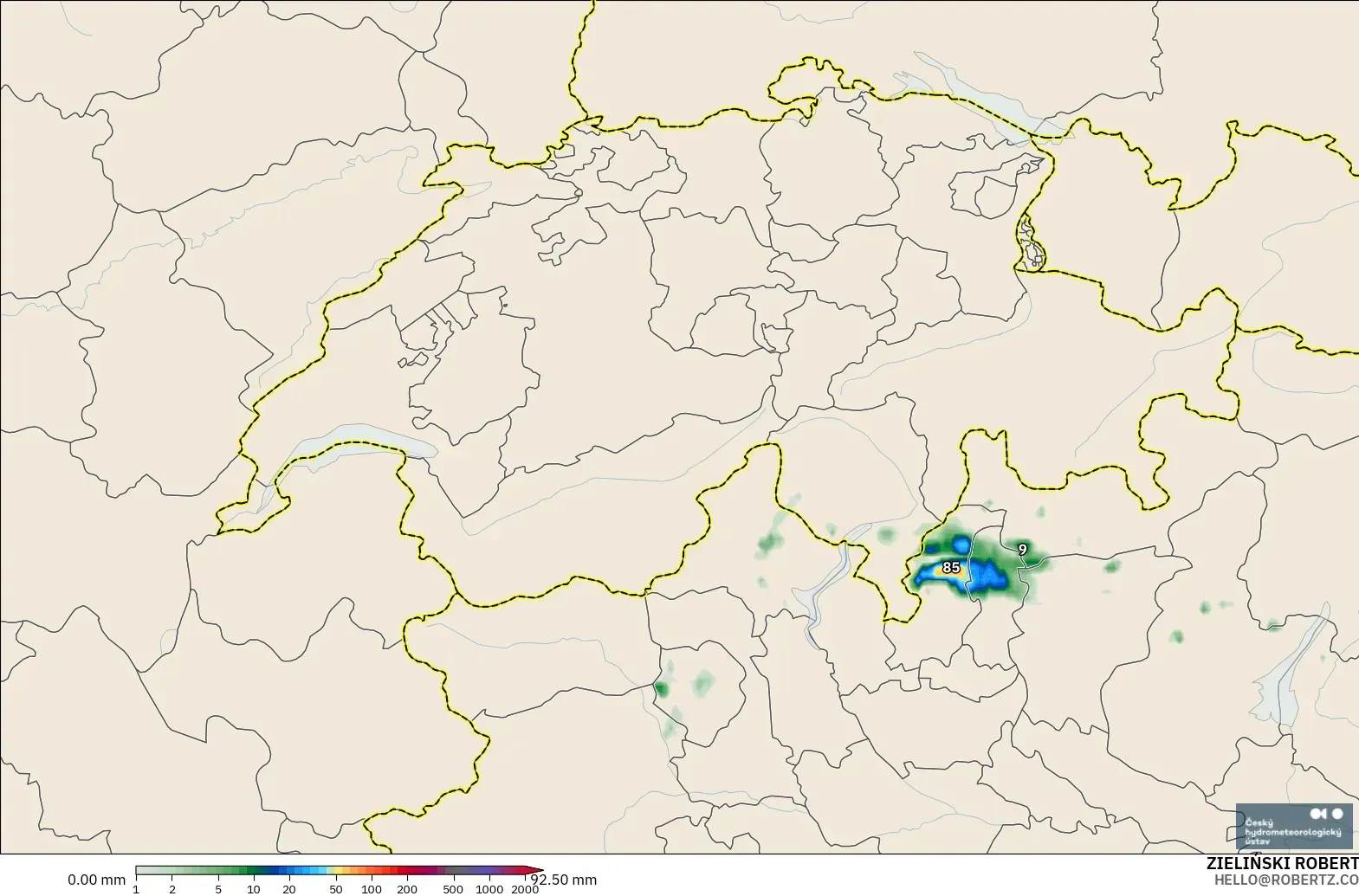 ALADIN CZ 2.3 km modelo - Suiza, Acumulación de precipitación
