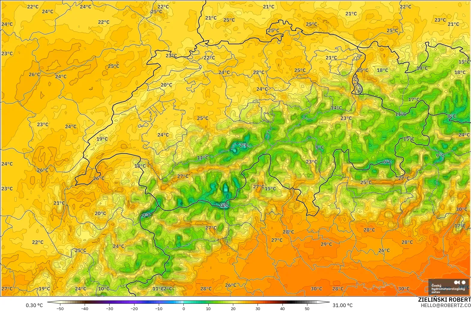ALADIN CZ 2.3 km modelo - Suiza, Temperatura a 2 m