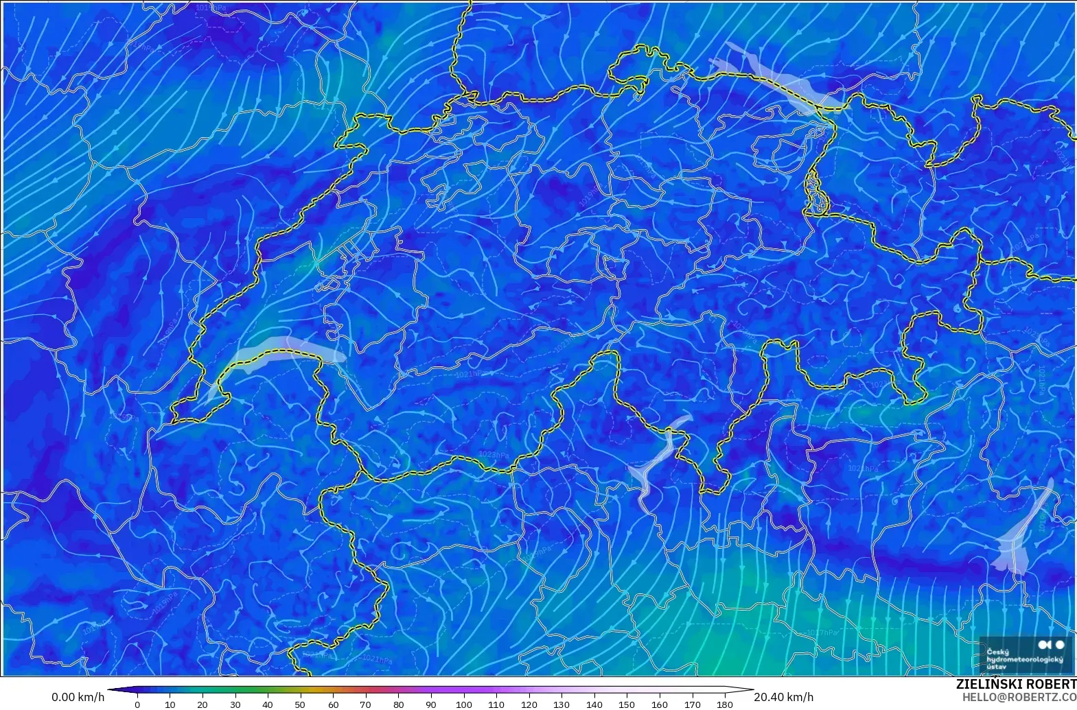ALADIN CZ 2.3 km modelo - Suiza, Viento a 10 m