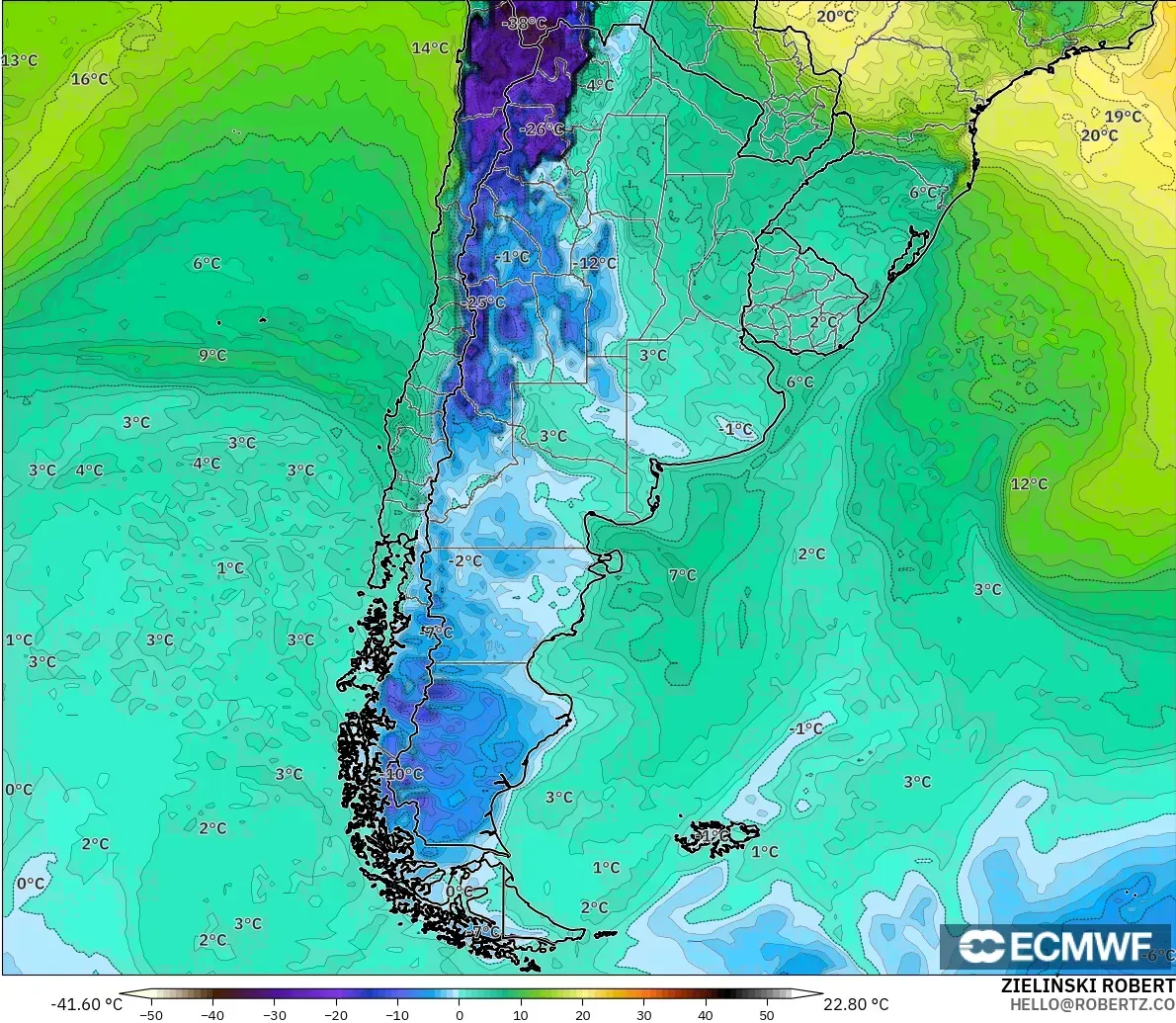 ECMWF IFS 0.25° modelo - Argentina, Punto de rocío a 2 m