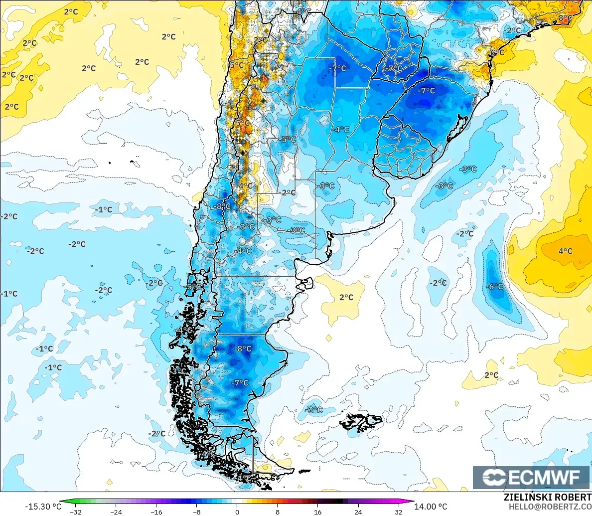 ECMWF IFS 0.25° modelo - Argentina, Anomalía de temperatura a 2 m