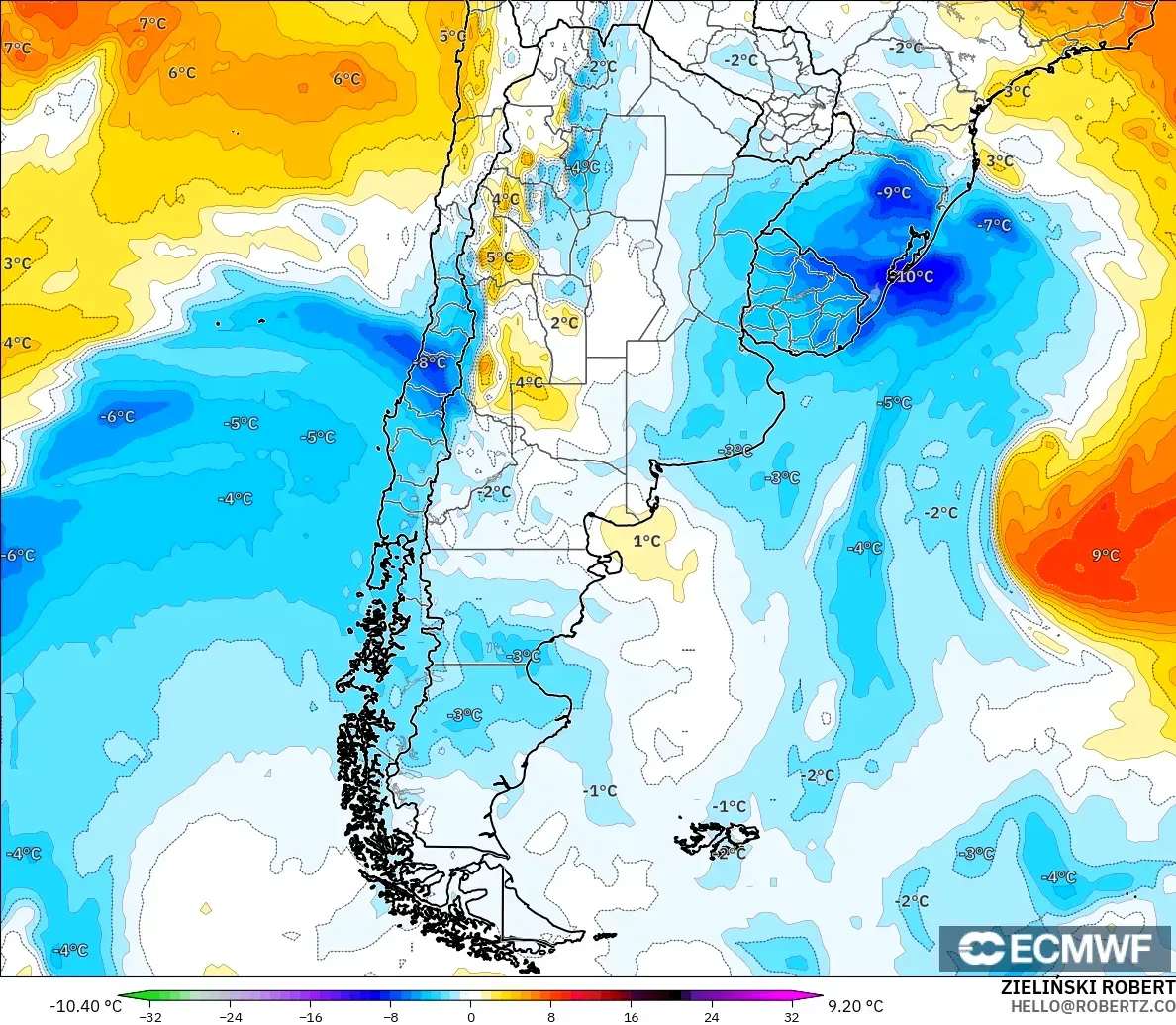 ECMWF IFS 0.25° modelo - Argentina, Anomalía de temperatura a 850 hPa