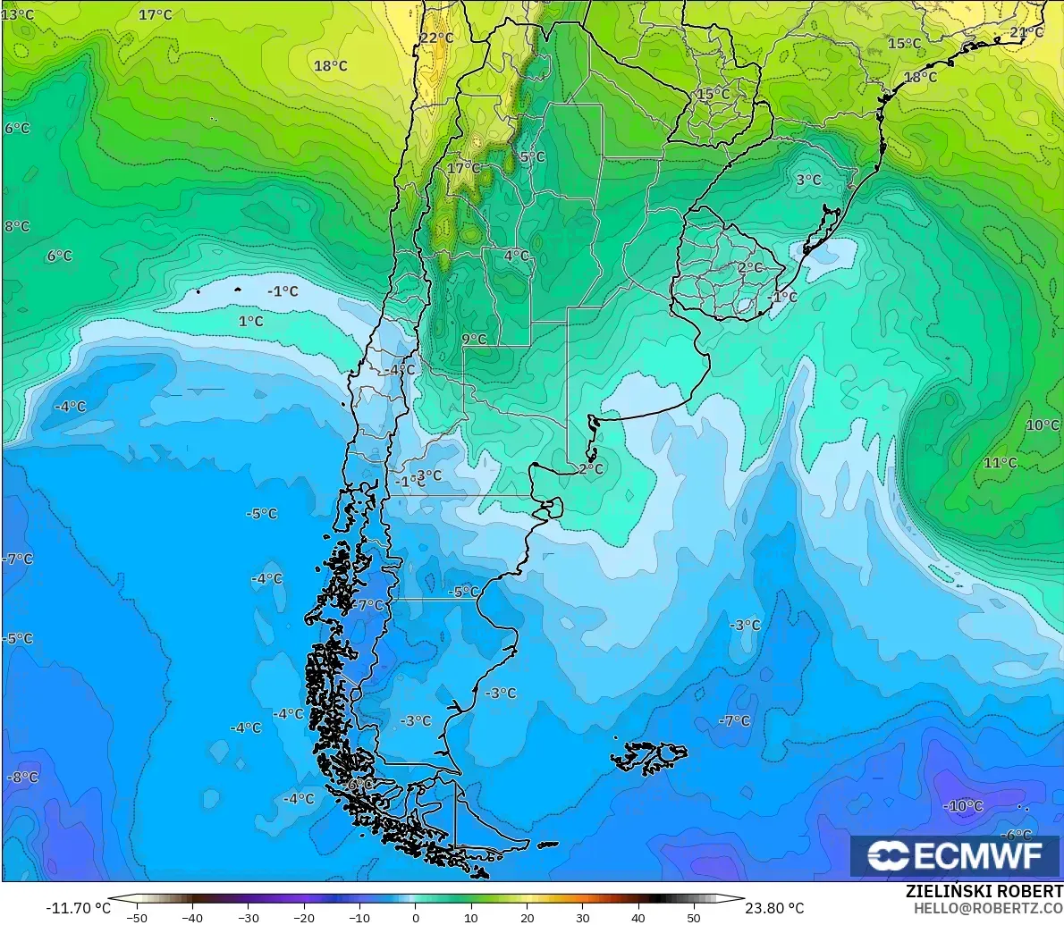 ECMWF IFS 0.25° modelo - Argentina, Temperatura a 850 hPa
