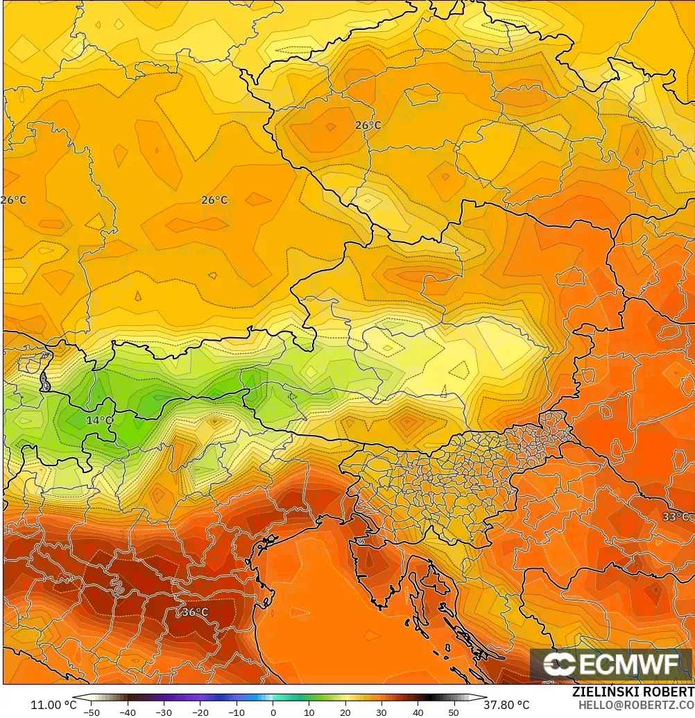 ECMWF IFS 0.25° modelo - Austria, Temperatura a 2 m
