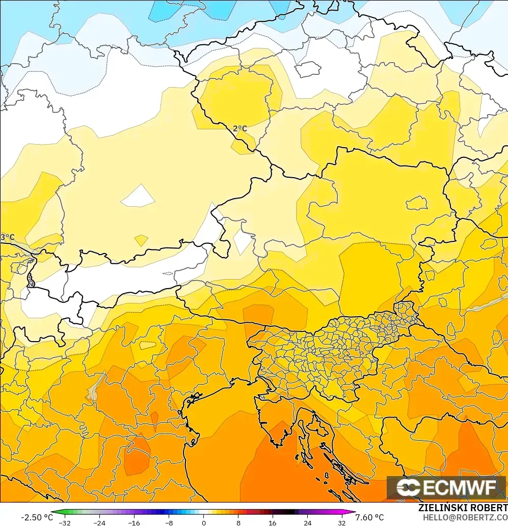 ECMWF IFS 0.25° modelo - Austria, Anomalía de temperatura a 850 hPa