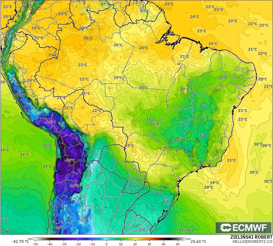 ECMWF IFS 0.25° modelo - Brasil, Punto de rocío a 2 m
