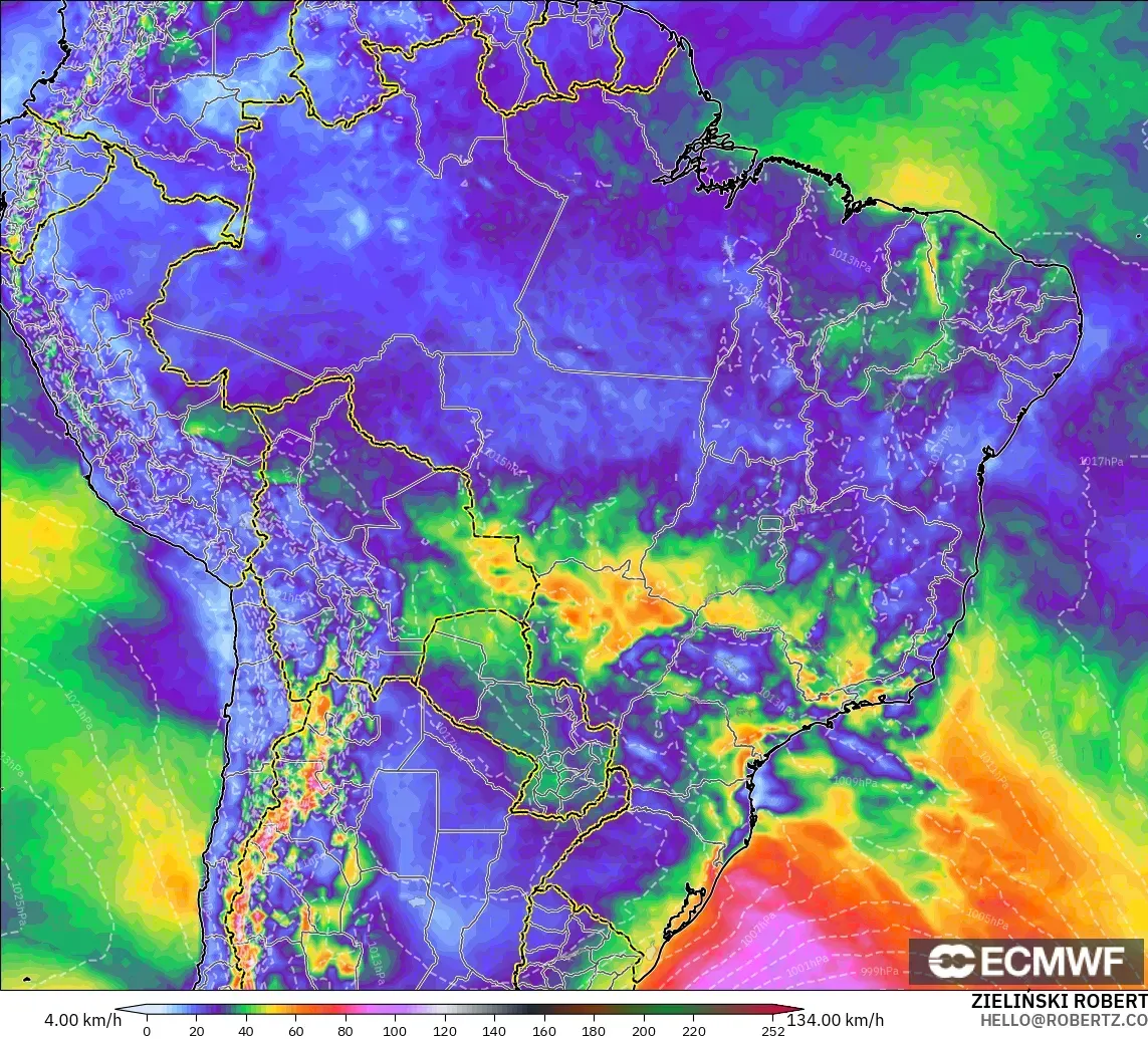 ECMWF IFS 0.25° modelo - Brasil, Ráfagas de Viento Máximas