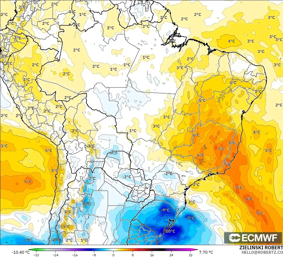 ECMWF IFS 0.25° modelo - Brasil, Anomalía de temperatura a 850 hPa