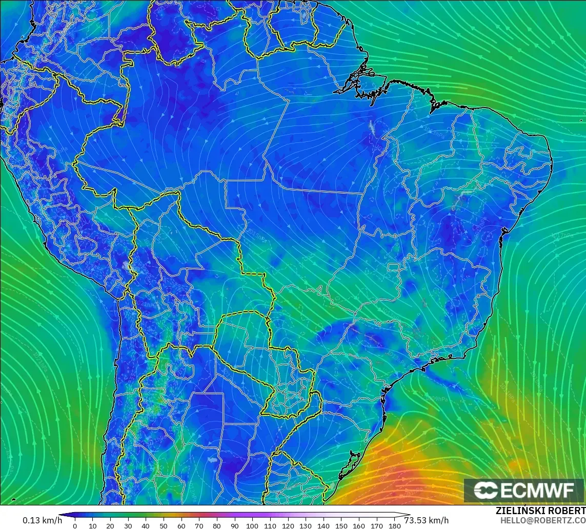 ECMWF IFS 0.25° modelo - Brasil, Viento a 10 m