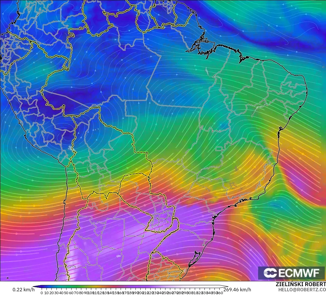 ECMWF IFS 0.25° modelo - Brasil, Viento a 300 hPa (corriente en chorro)