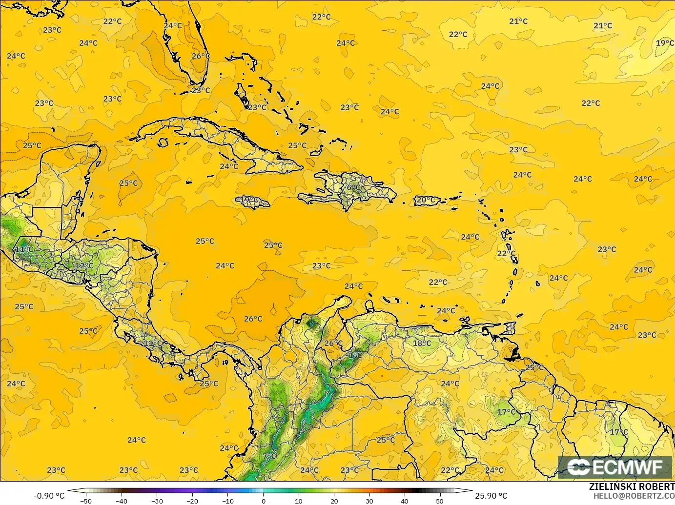 ECMWF IFS 0.25° modelo - Caribe, Punto de rocío a 2 m