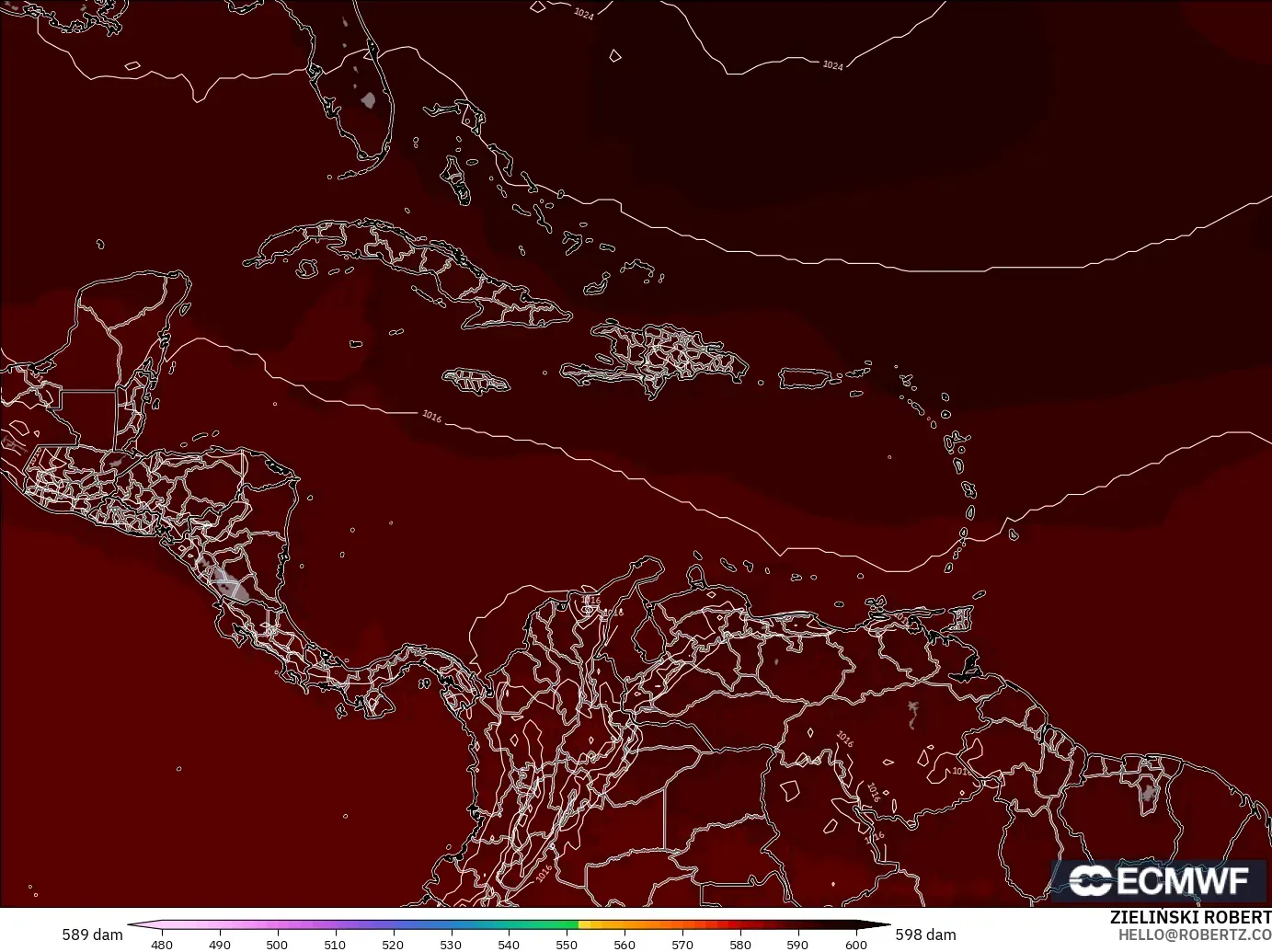 ECMWF IFS 0.25° modelo - Caribe, Altura geopotencial a 500 hPa