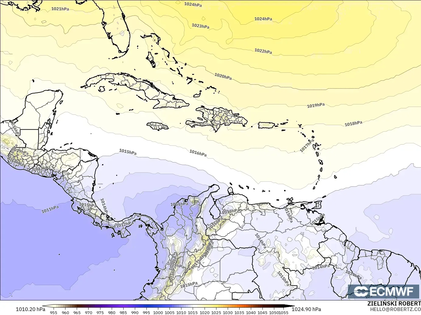 ECMWF IFS 0.25° modelo - Caribe, Presión