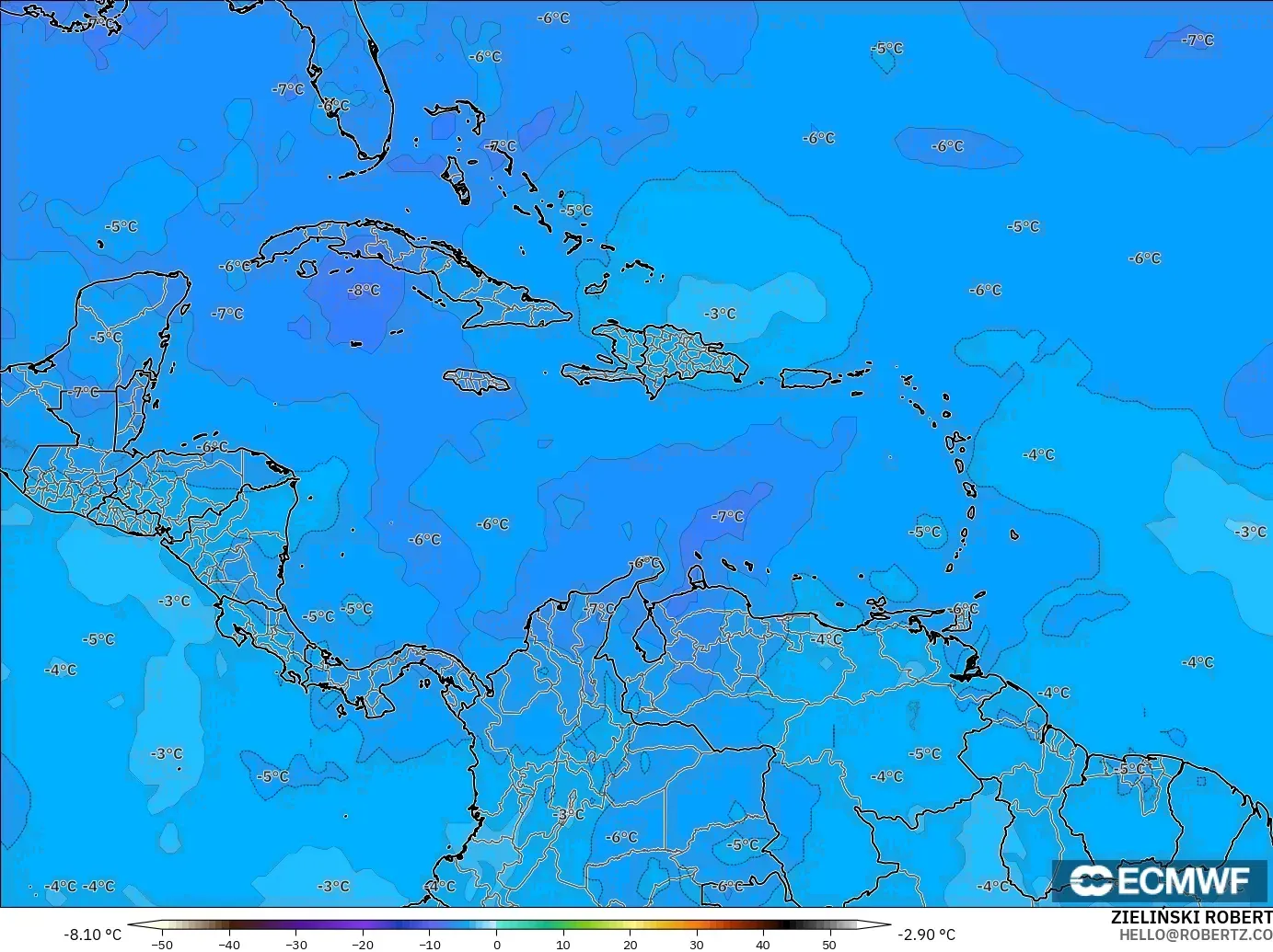 ECMWF IFS 0.25° modelo - Caribe, Temperatura a 500 hPa