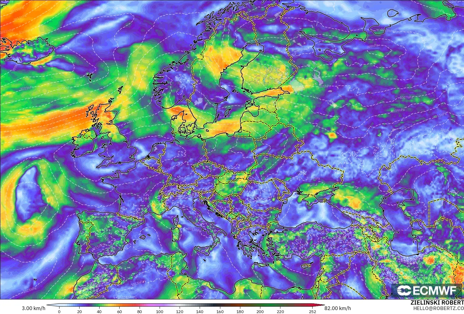 ECMWF IFS 0.25° modelo - Europa, Ráfagas de Viento Máximas