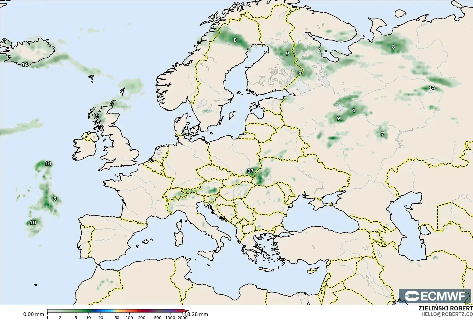 ECMWF IFS 0.25° modelo - Europa, Acumulación de precipitación